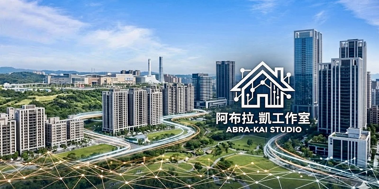 城市天際線與以電路線條構成的房子標誌